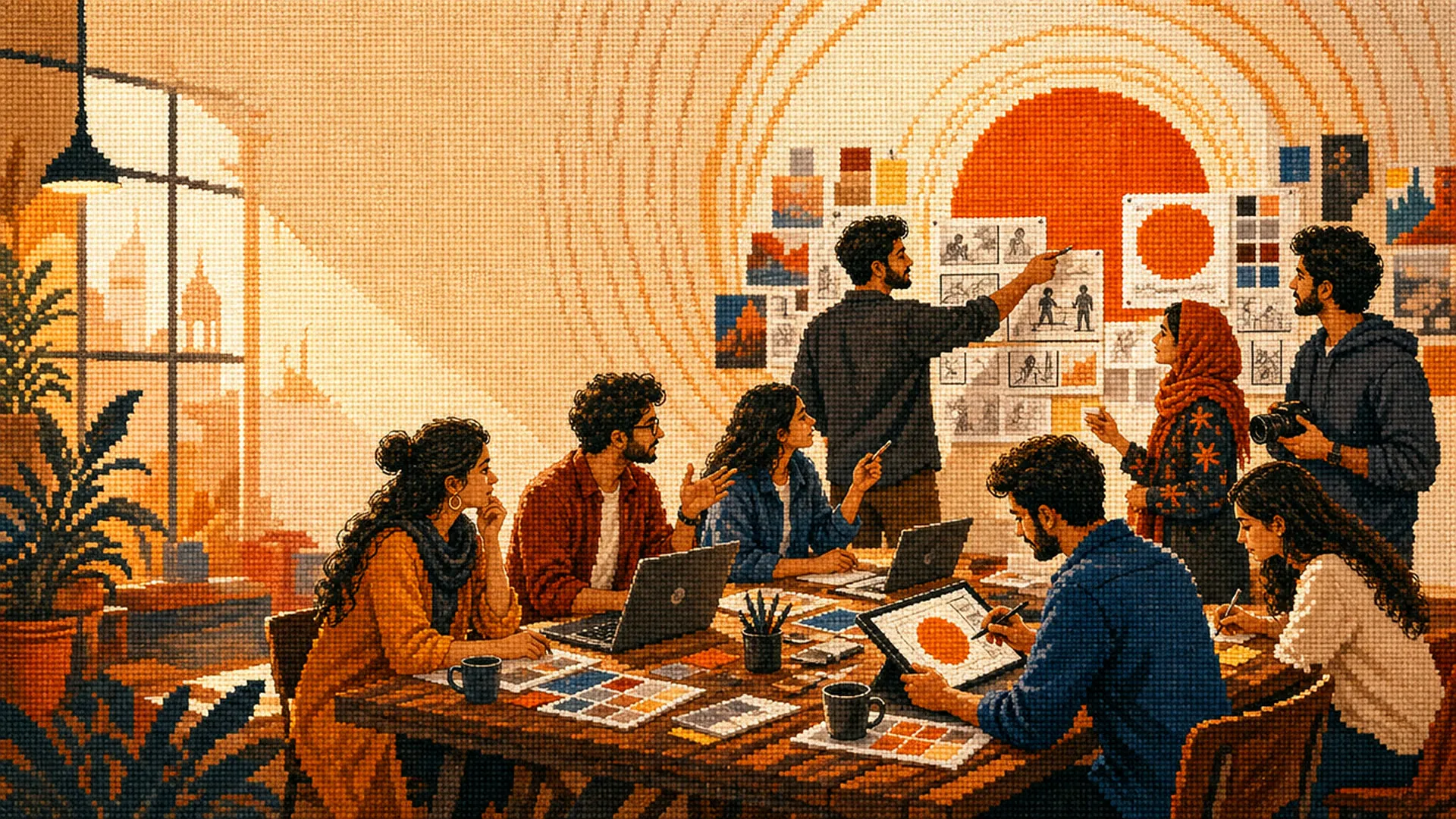 The Oh Wow team gathered around a table, pointing at a moodboard and sketching a campaign idea, in a cross-stitch style illustration